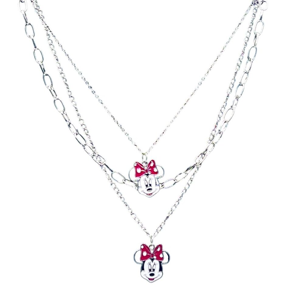Minnie Mouse Layered Necklace Red Bow Charms Silver Tone Chains Lobster Clasp - Picture 2 of 6